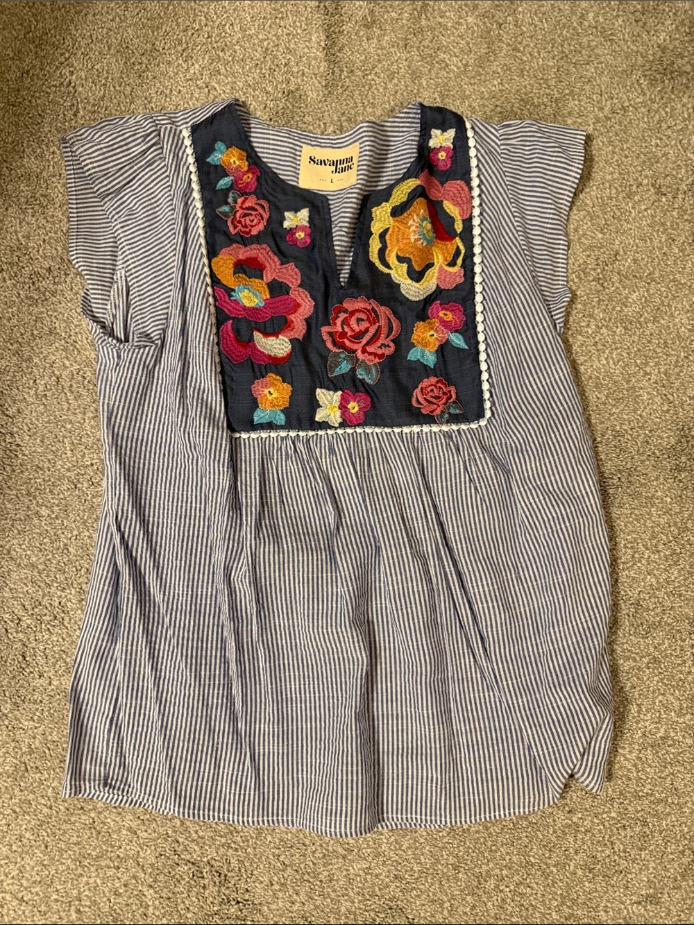 Savanna Jane Navy Floral Embroidered Stripe Tunic